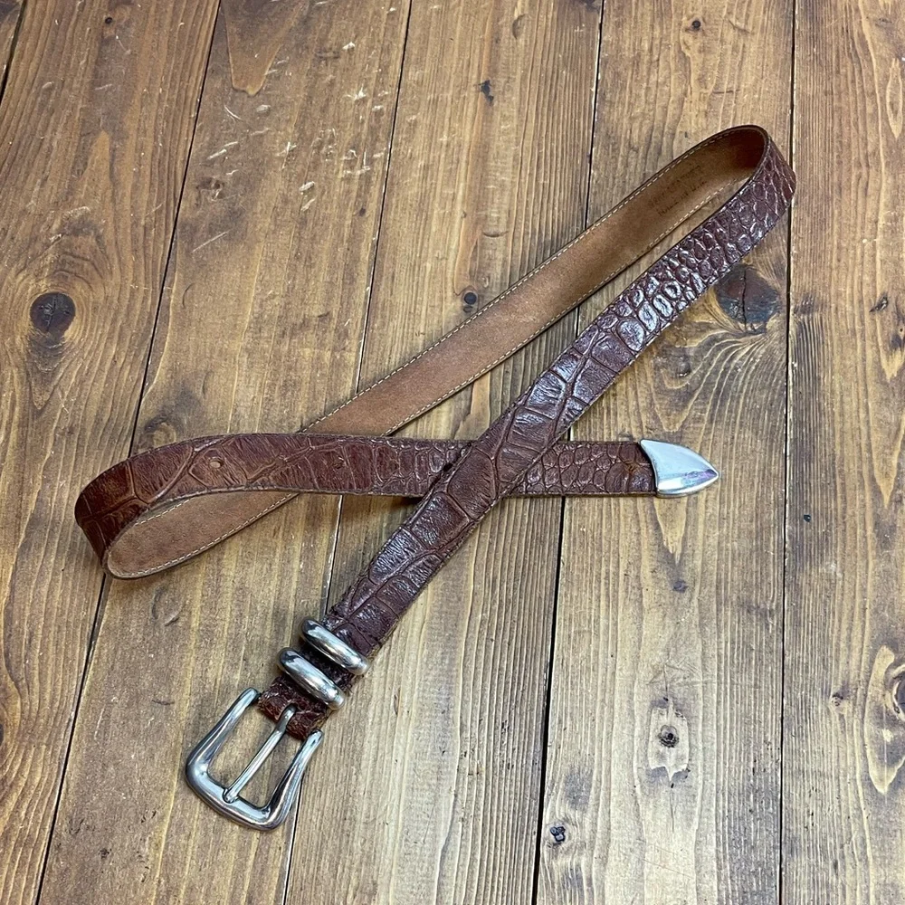 Stamped crocodile print leather belt tan with silver tone size 32